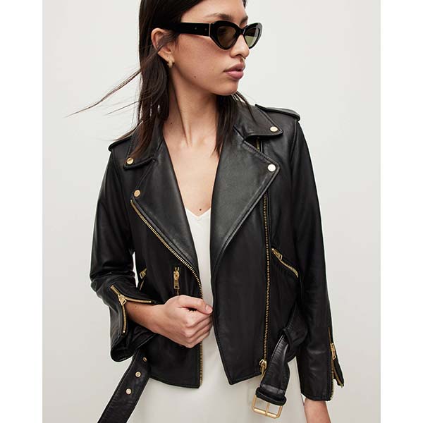 Allsaints Australia Womens Balfern Gold Leather Biker Jacket Black/Gold AU61-832